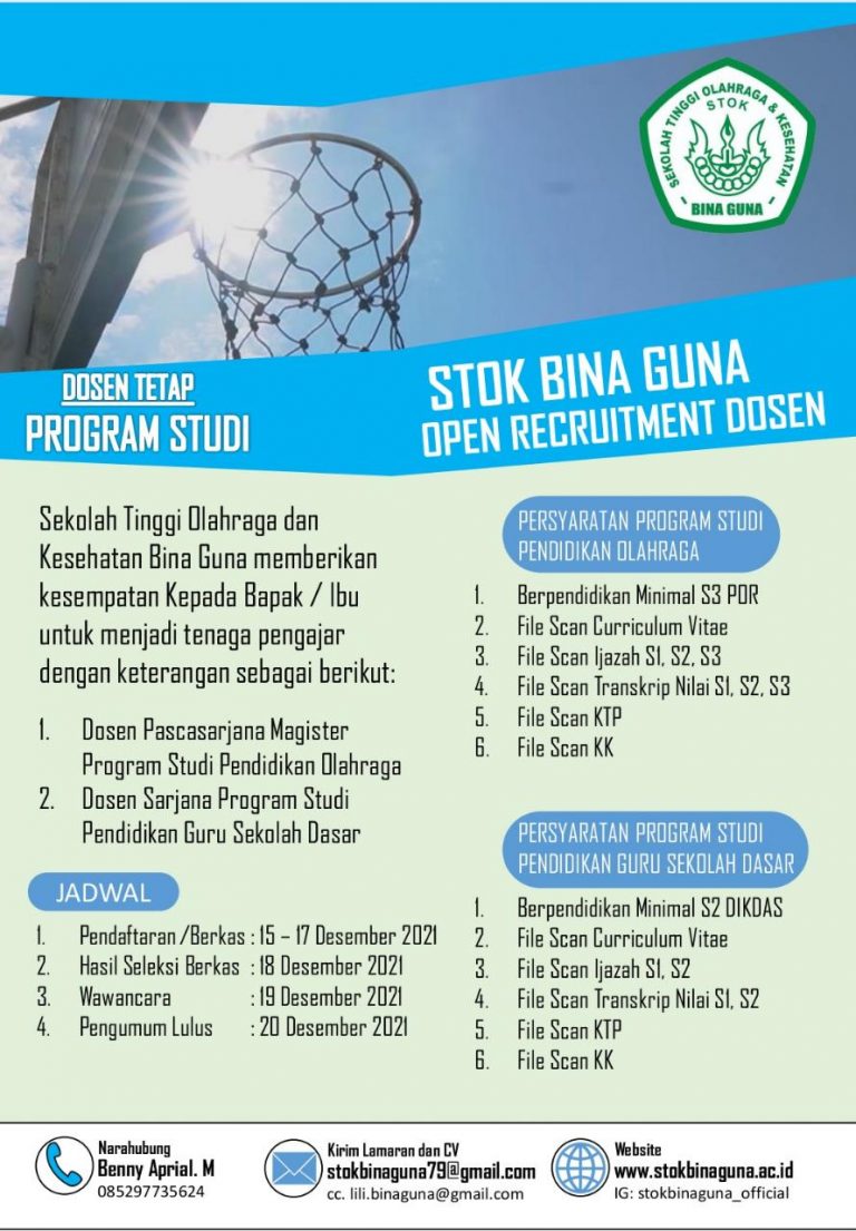 Sekolah Tinggi Olahraga dan Kesehatan Bina Guna Membuka Lowongan DosenTetap Pascasarjana Prodi Pendidikan Olahraga dan Sarjana Prodi PGSD